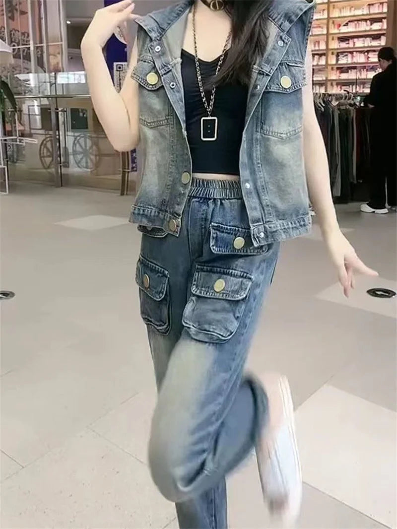Fashion Fashion Backless Hooded Denim Vest 2025 Spring Summer Autumn New Korean Women's Vest Jacket Sleeveless Denim Jacket Top