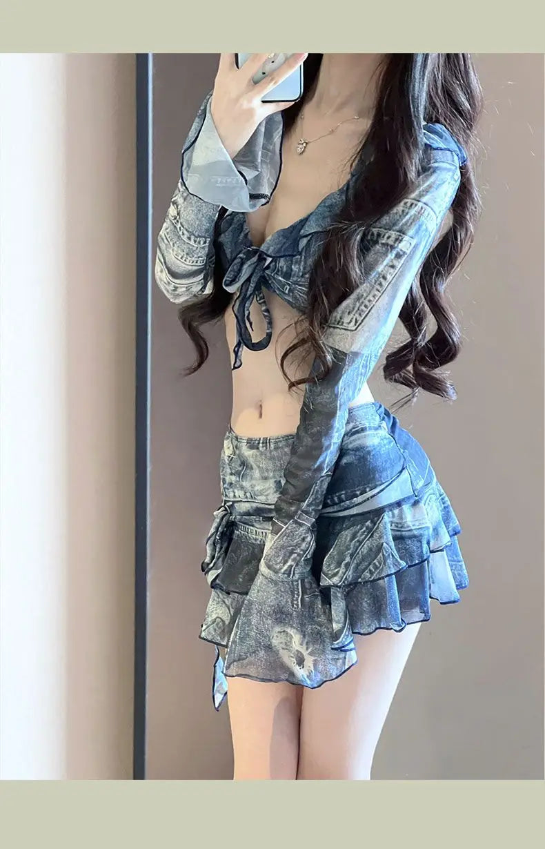 Bikini Swimsuit Lady Denim Blue Four Piece Set Sexy Fashion Vacation Sand Auricularia Auricula Edge Slim A-line Skirt Swimwear