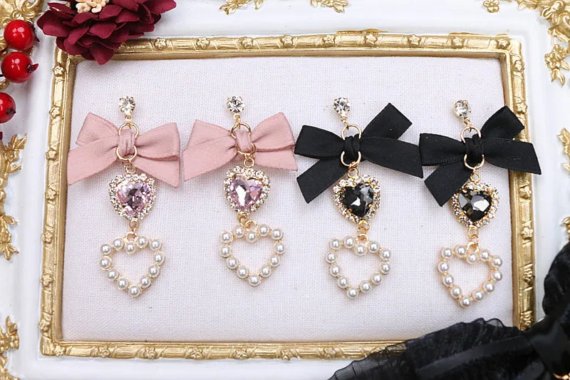 Japanese Style Lolita Sweet Bownot Rhinestone Pearl Heart Shaped Drop Earrings 925 Silver Pin Ear Clip Women Girls Earrings
