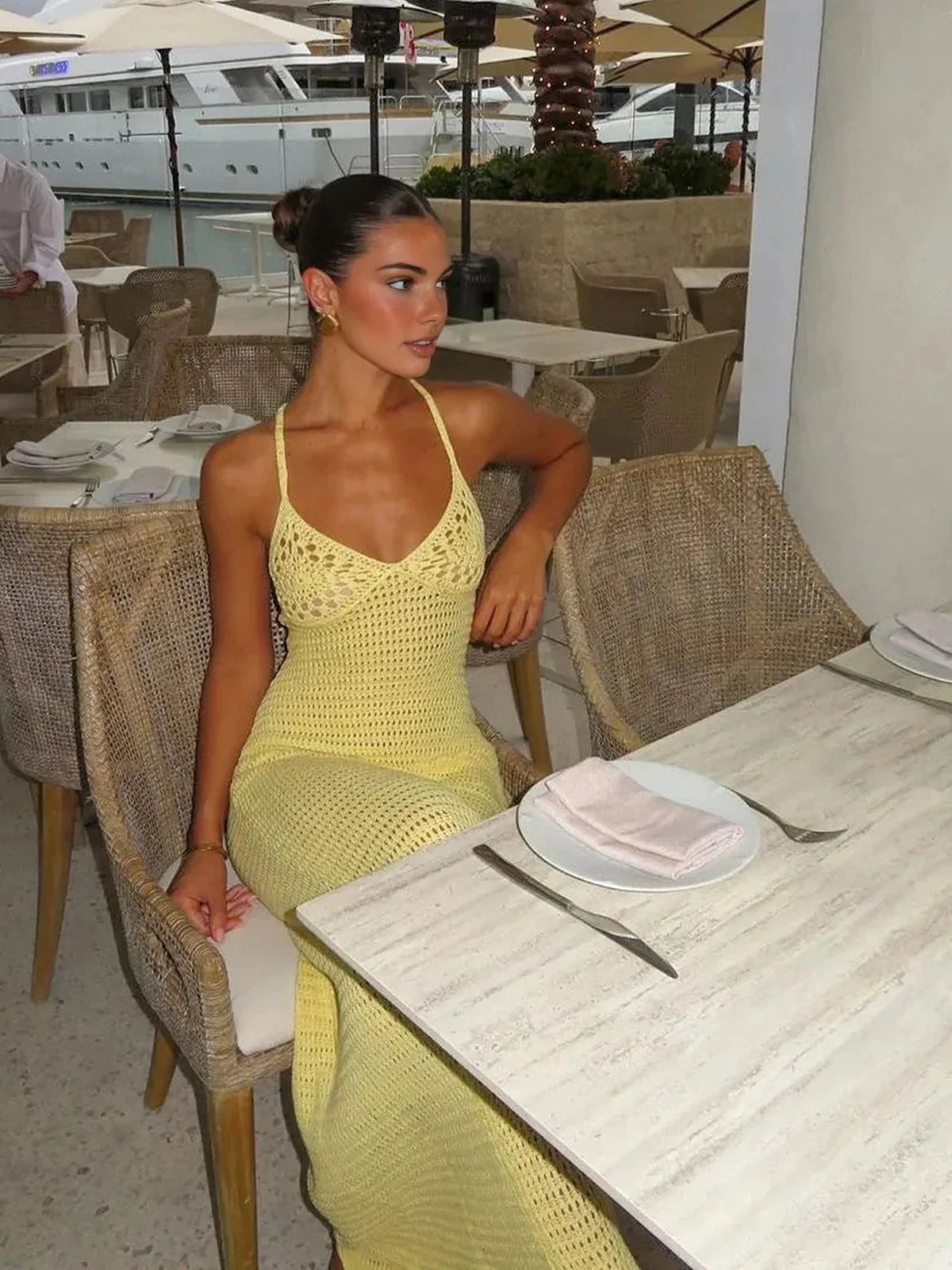 2024 Solid Colour Sexy Knit Cut Out Holiday Swimsuit Cover Up Women's Summer V-Neck Spaghetti Strap Bodycon Beach Maxi Dress K32