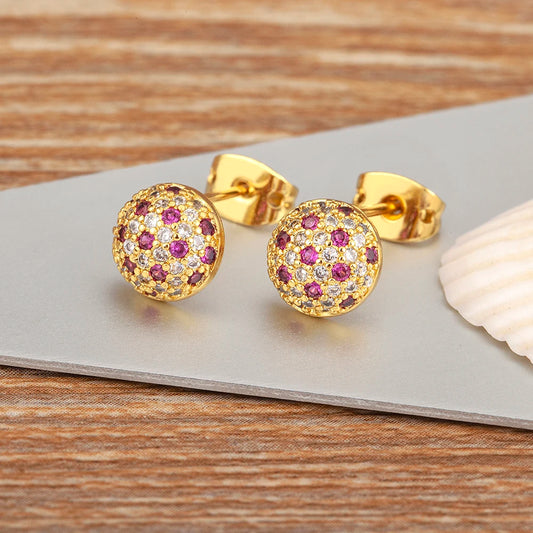 Nidin Korean Fashion Round Shape Pave Colorful Zircon Charm Stud Earrings For Women Birthday Party Ear Jewelry Delicate Gifts