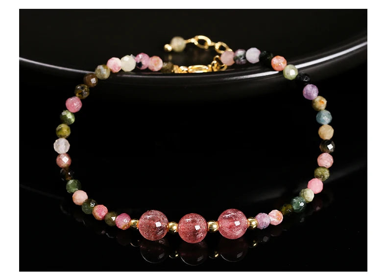 JD Natural Stone Faceted Rainbow Tourmaline Strawberry Quartz Bracelet Women Luxury Thin Adjustable Reiki Healing String Jewelry