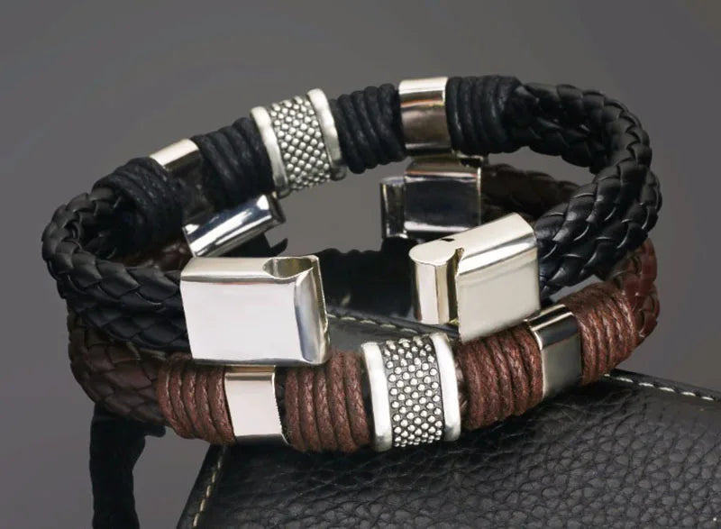 Vintage Genuine Leather Bracelet for Men Handmade Woven Bracelet Magnetic Clasp Wrap Bracelet Homme Hand Jewelry Accessories New