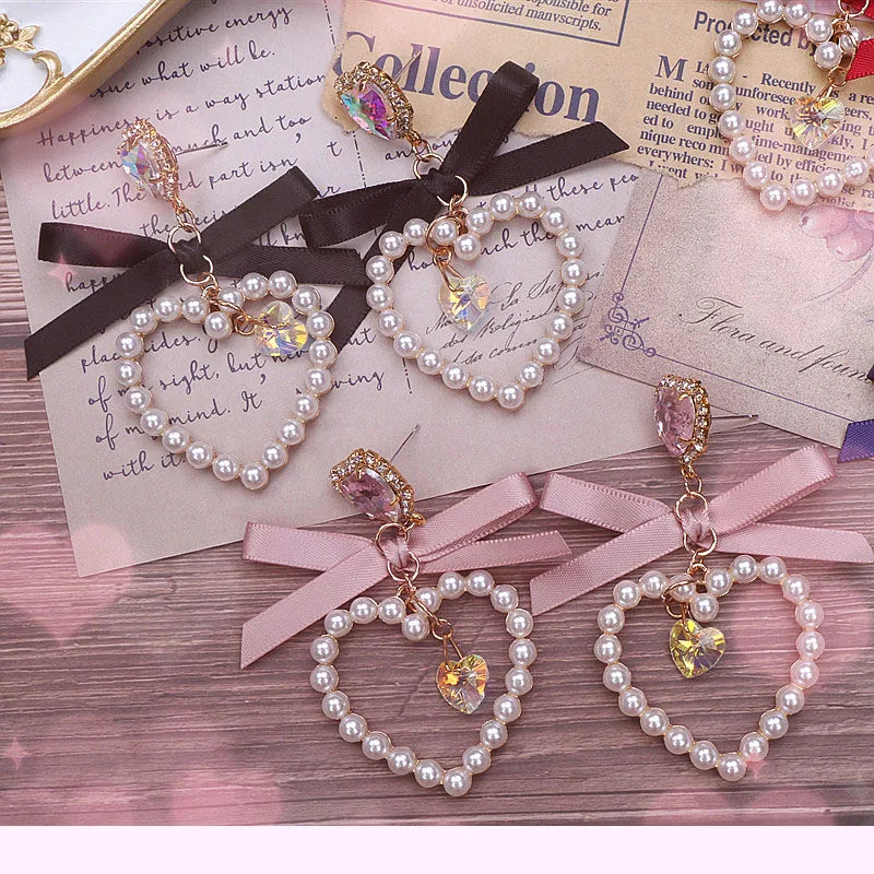 Dainty Japanese Style Women's Bow Earing Sweat Pearl Heart Earings Rhinestone Pendant Heart Earrings Accessories for Girl