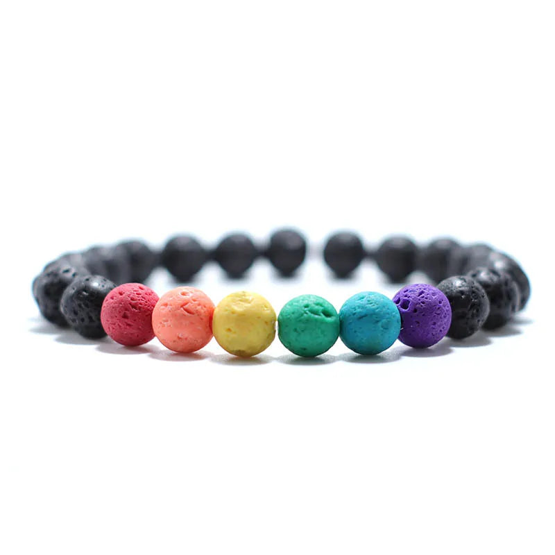 Colorful Lava Stone Bracelet Men Women 8mm Natural Onyx Tiger Eye Beaded Braclet Rainbow Friendship Brass Braslet