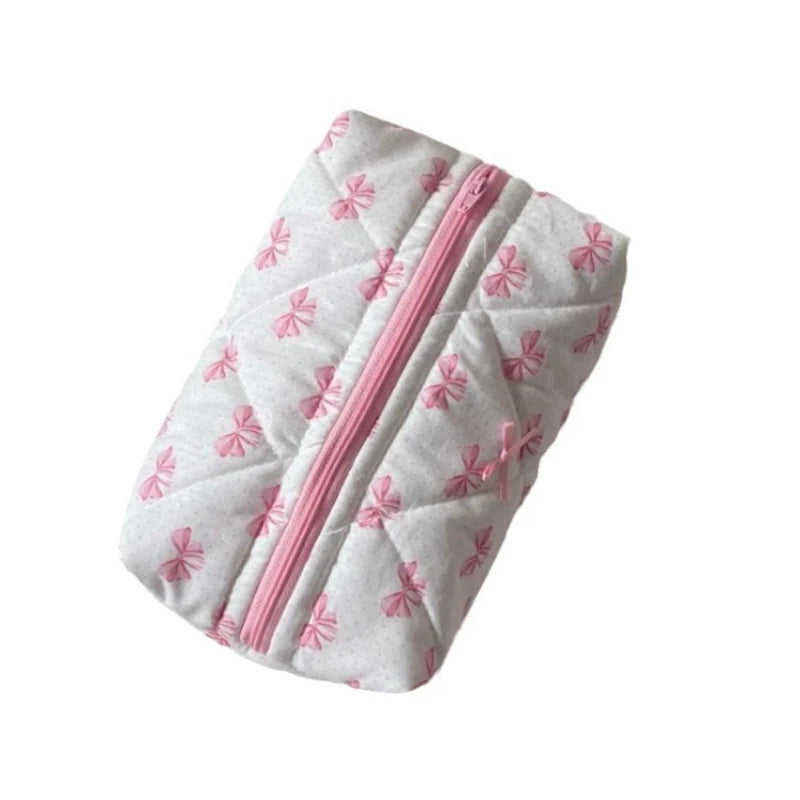 Cartoon Pink Bow Cute Storage Bag Cotton Fabric Cosmetic Bag Travel Portable Toiletry Storage Bag Women Makeup Case