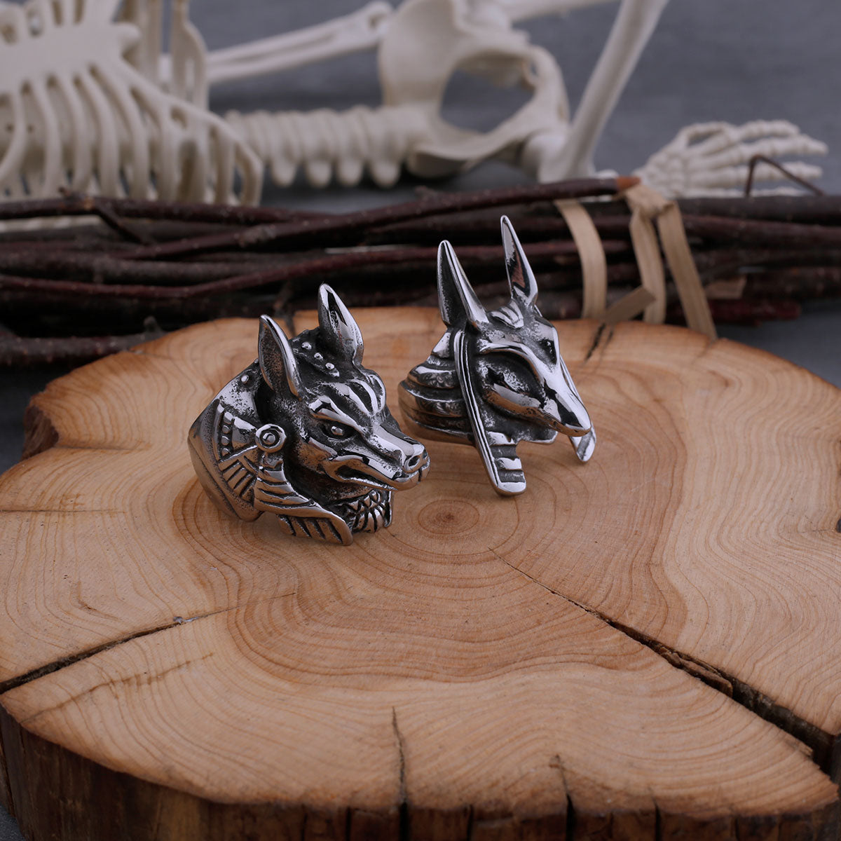 Stainless Steel Vintage Egyptian God Anubis Ring For Men Egyptian Mythology Hip Hop Fashion Biker Ring Animal Jewelry Wooden Box