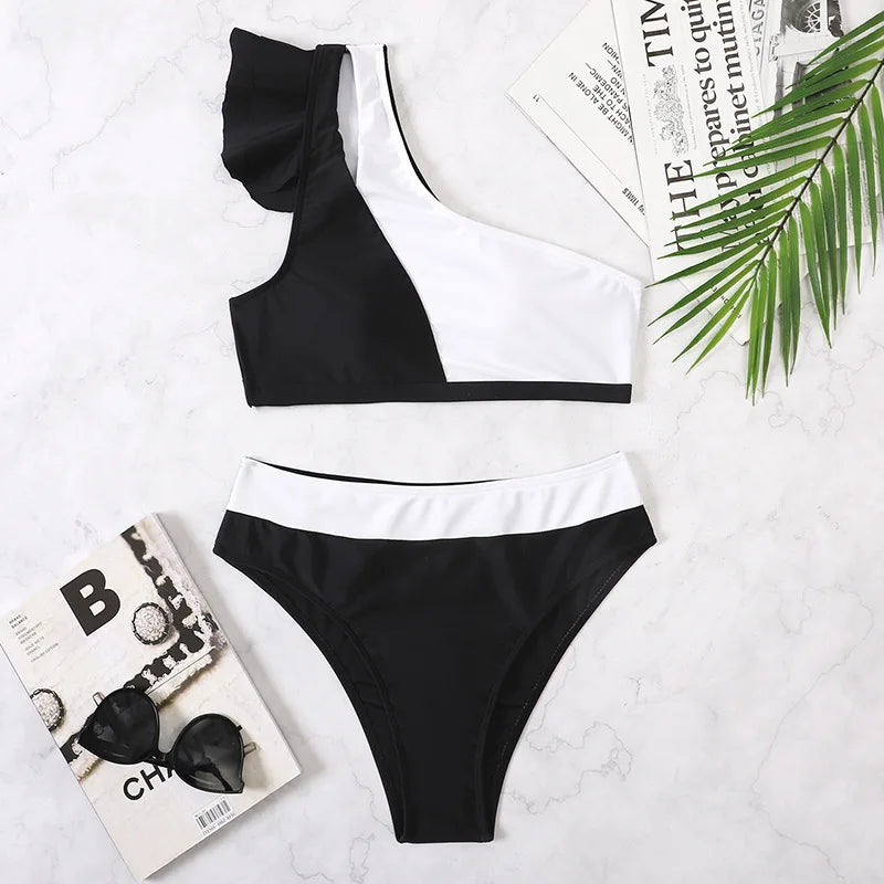 Sexy Bikini 2025 Women High Waist Ruffle Swimsuit Female One Shoulder Swimwear Bathers Bathing Swimming Suit Summer Beachwear