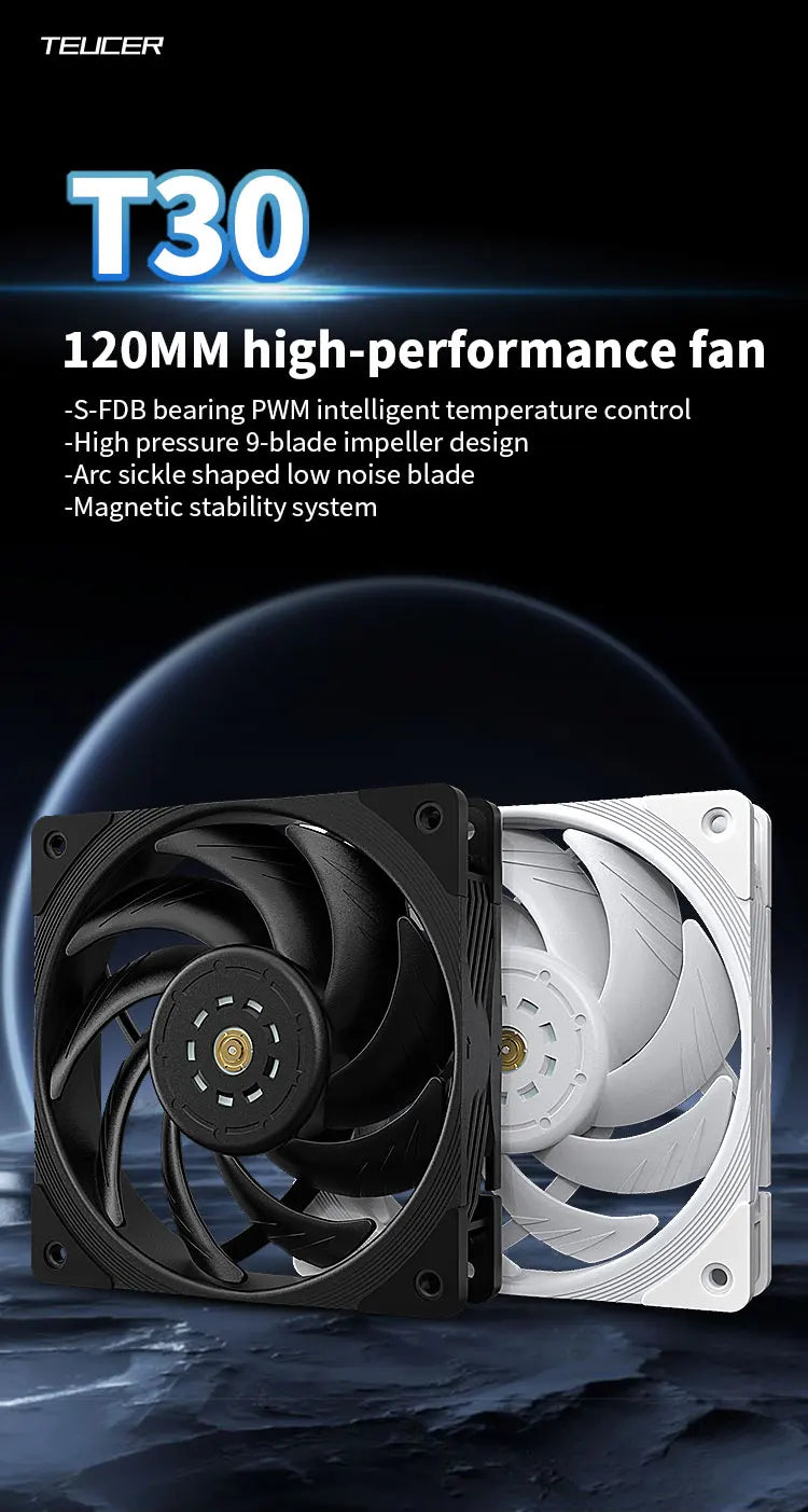 TEUCER T30 CPU Cooler Fan 2150RPM 4PIN PWM 12cm Computer Case Cooling System Fan SFDB Silent PC Gamer CPU Cooler 120mm Fan