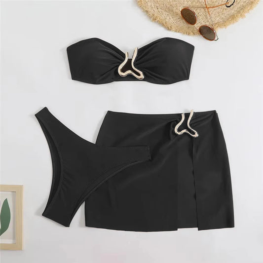 Metal Ring Sexy Swimsuit Cover Ups Bandeau Bikinis Sets 3 Pieces Solid Black Swimwear Women 2025 High Cut Bather Bikini Donna