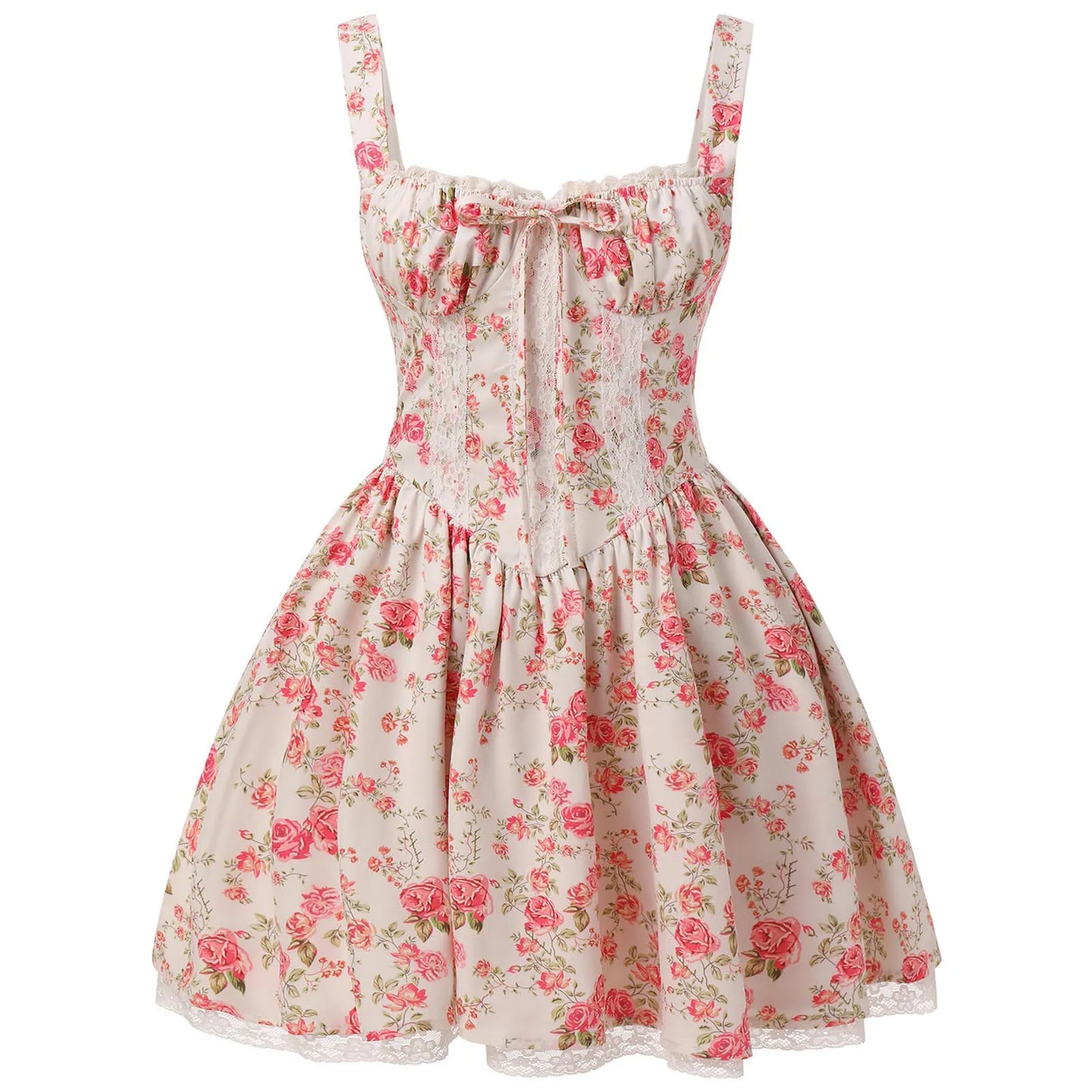 Women Floral Print Mini Dress Sexy Lace Patchwork Suspender Tie Up Corsets Bodycon Short Dresses Summer Boho French Vestidos