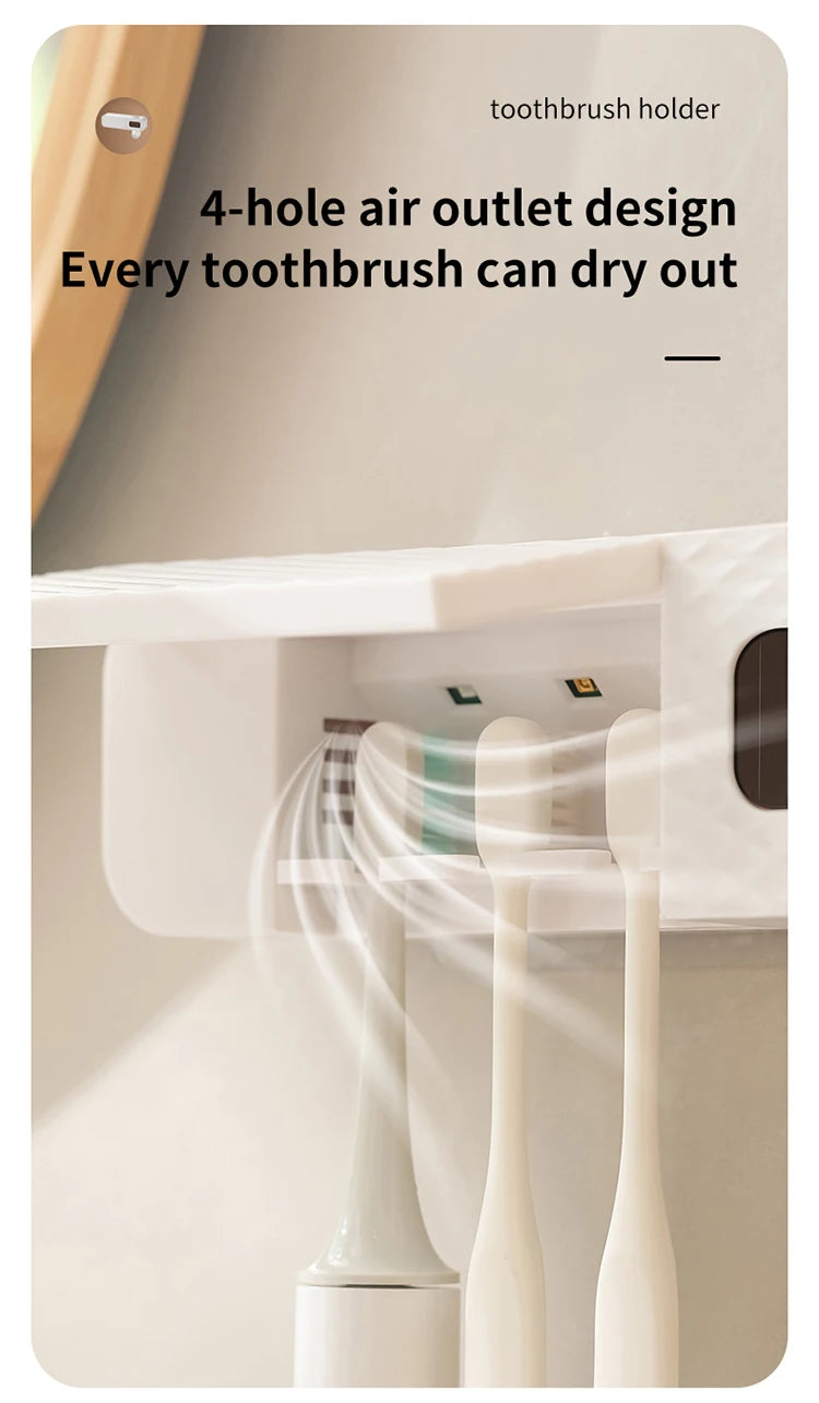 1 smart toothbrush rack wall mounted 3-slot toothbrush intelligent drying rack, toothpaste dispenser, household daily necessitie