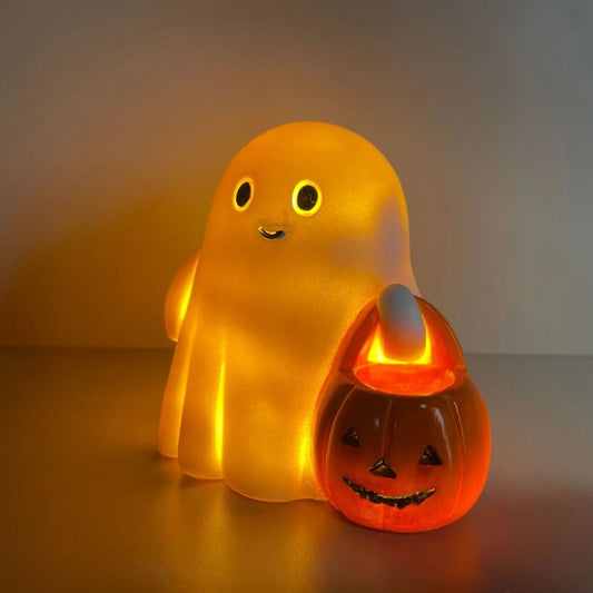 Cute Ghost Figurine with Pumpkin Bag - Luminous Resin Ghost Halloween Statue Desktop Ornament,For Halloween Decoration