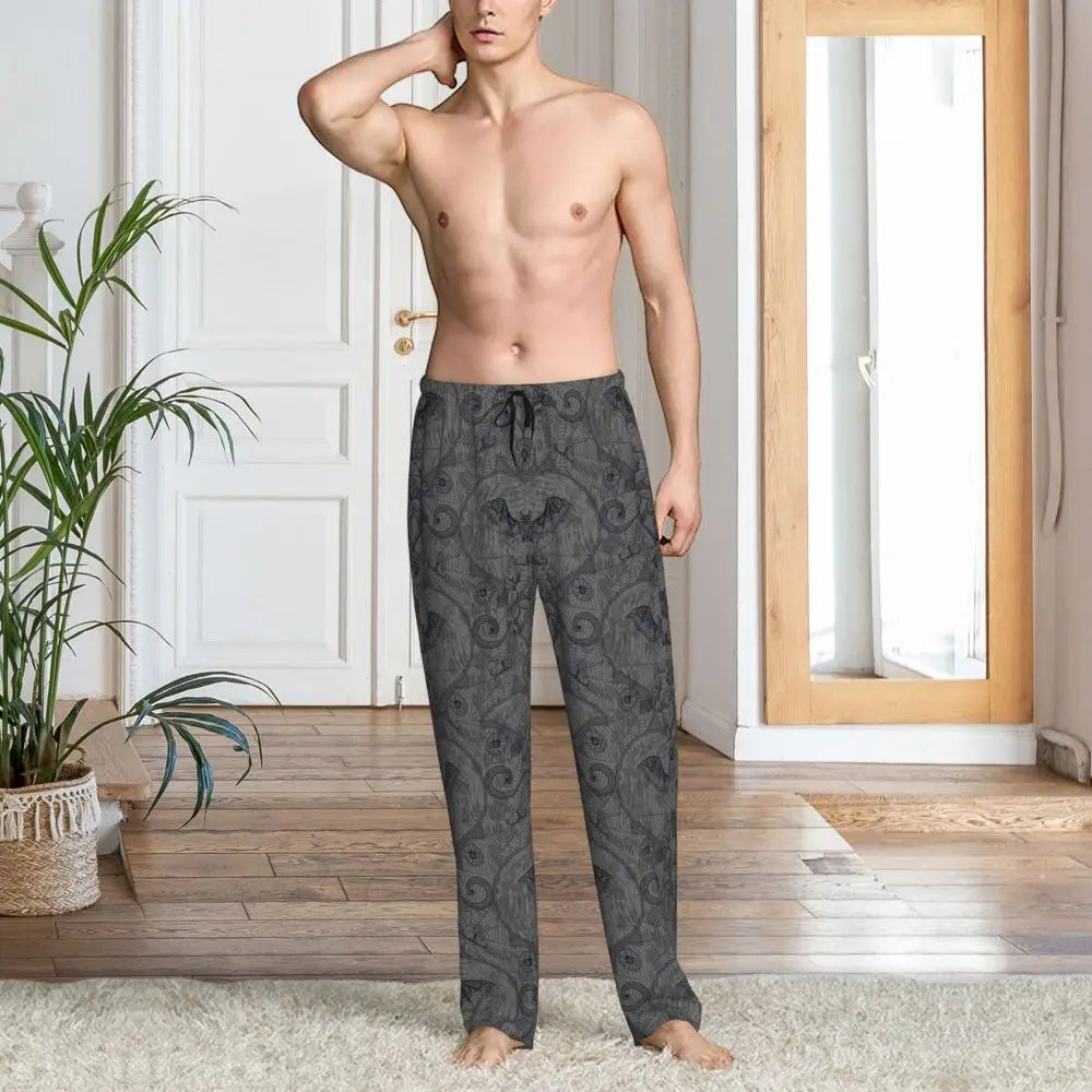 Custom Cute Spooky Halloween Bats Black And Purple Pajama Pants for Men Lounge Sleep Drawstring Sleepwear Bottoms with Pockets