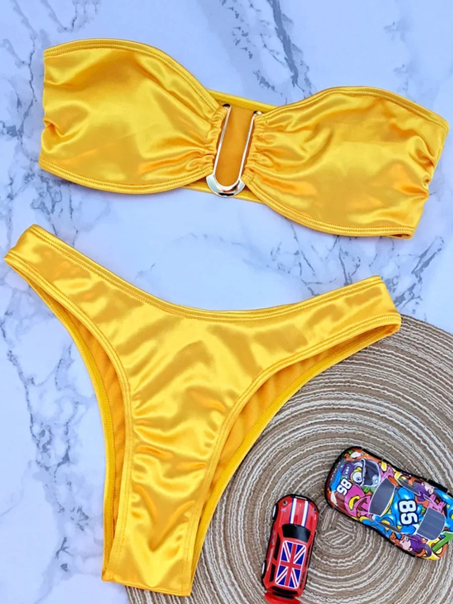Shiny Bandeau Bikinis 2025 Strapless Bikini Female Swimsuit Women Swimwear Two-pieces Bikini Set High Cut Bathing Suit Swim Lady