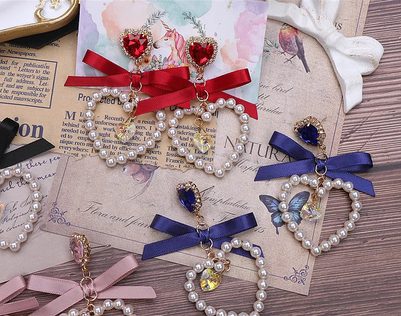 Dainty Japanese Style Women's Bow Earing Sweat Pearl Heart Earings Rhinestone Pendant Heart Earrings Accessories for Girl
