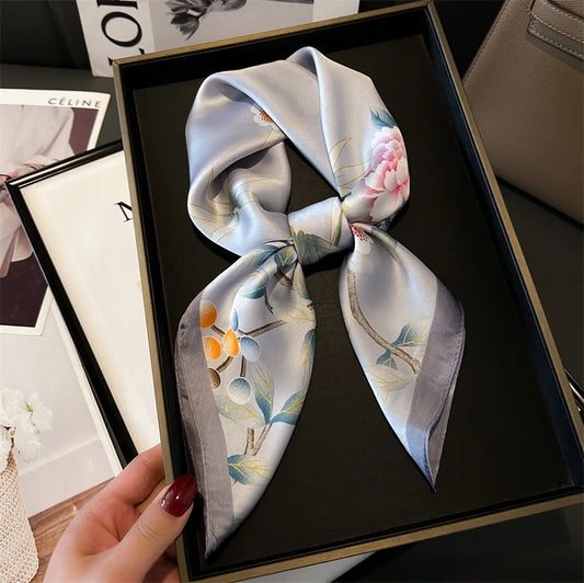 Imitated Silk Headcloth Fashion Flower Print Square Shawls Popular 70X70cm Bandanna Kerchief Sun Protection Silk Scarves Tie Bag