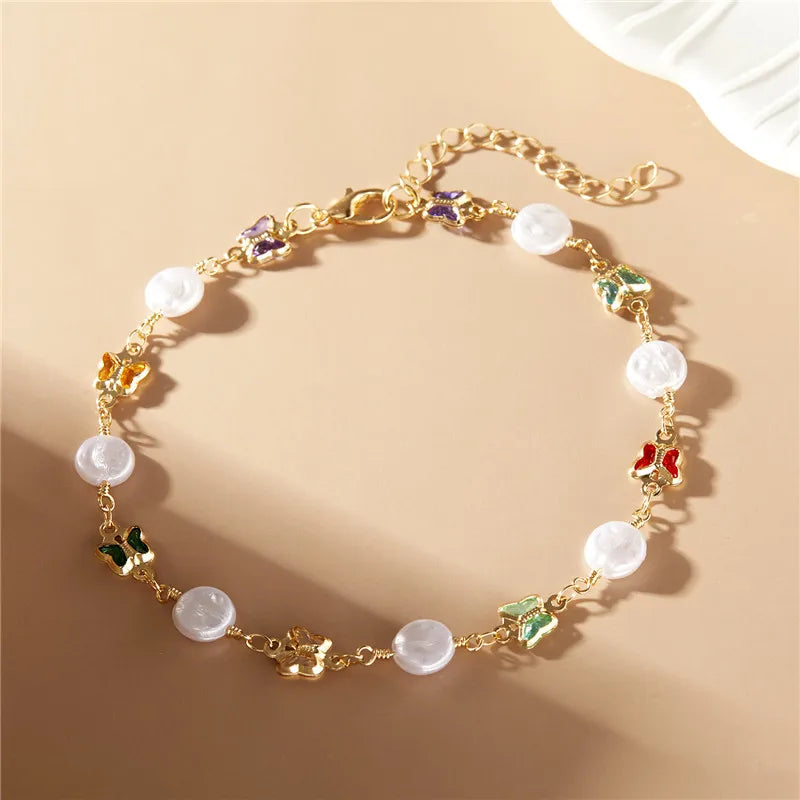 Exquisite Boho Candy Color Heart Shaped Crystal Bracelet for Women Fashion Charm Zircon Butterfly Pearl Metal Chain Bracelets