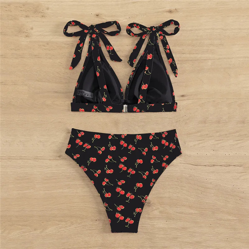 Sexy Cherry Print Swimsuits Women Push Up Bikinis Sets High Waist Swimwear Knotted Straps Bathing Suit Bathers Bikini 2024 Mujer