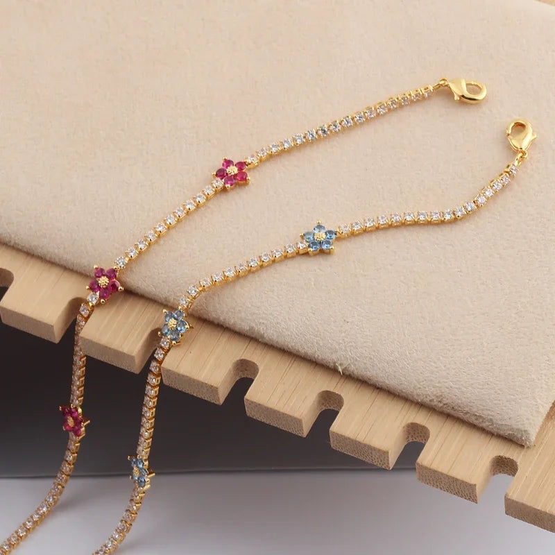 Luxury Rainbow CZ Flower Tennis Chain Bracelet For Women Girls Iced Out Bling CZ Paved Colorful Daisy Flower Bracelet