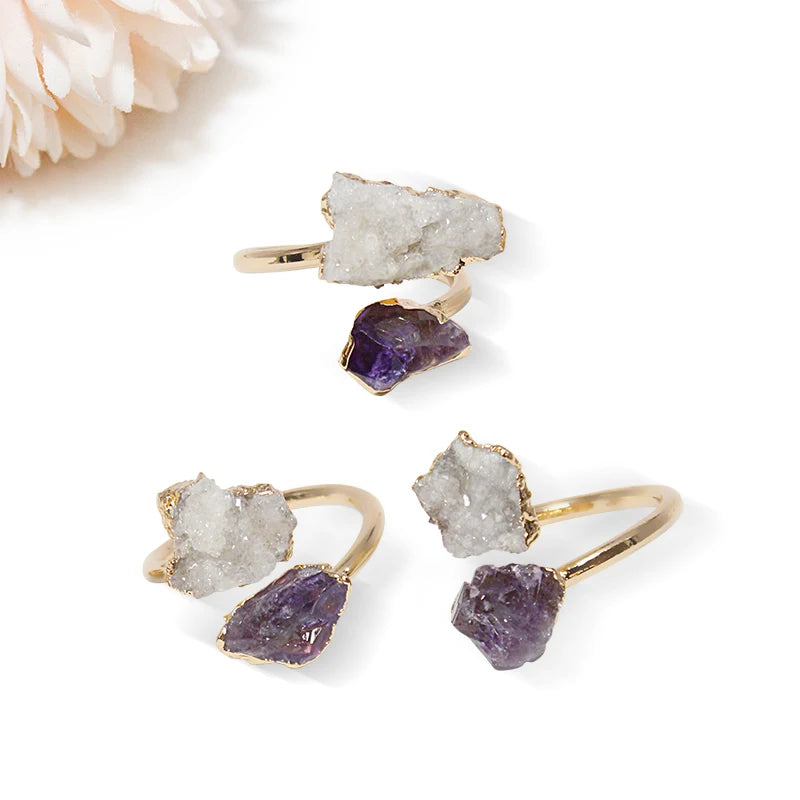 Irregular Druzy Stone Amethyst Open Ring Golden Handmade Crystal Cluster Finger Jewelry Adjustable Size