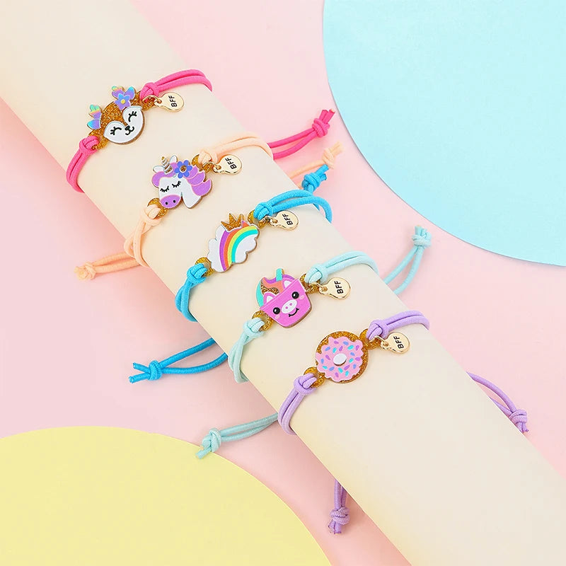 5Pack Cute Unicorn Donut Rainbow Bear Butterfly Charm Elastic Rope Bracelet for Girl Hairband Use Friendship BFF Gifts