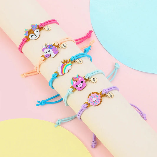 5Pack Cute Unicorn Donut Rainbow Bear Butterfly Charm Elastic Rope Bracelet for Girl Hairband Use Friendship BFF Gifts