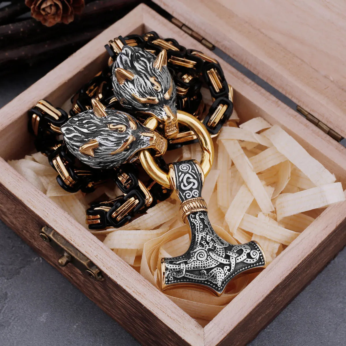 Stainless Steel Wolf Head Viking Amulet Thor Hammer Pendant Necklace Pirate King Chain Men's Necklace Pendant