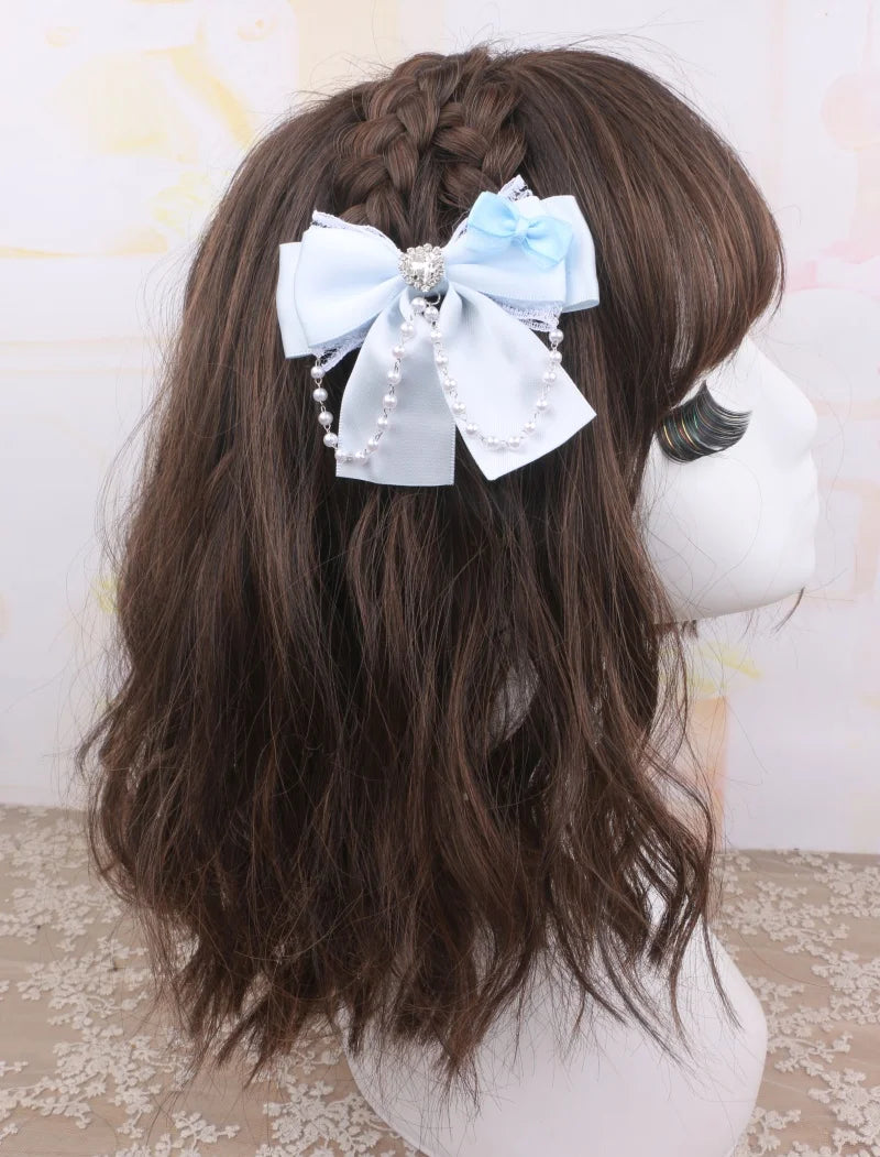 1 Pair Jirai Kei Bow Hair Accessories Women's Hairclips Sweet Y2K Lolita Bow Chic Chains Decor Women's Barrettes Hair Pin