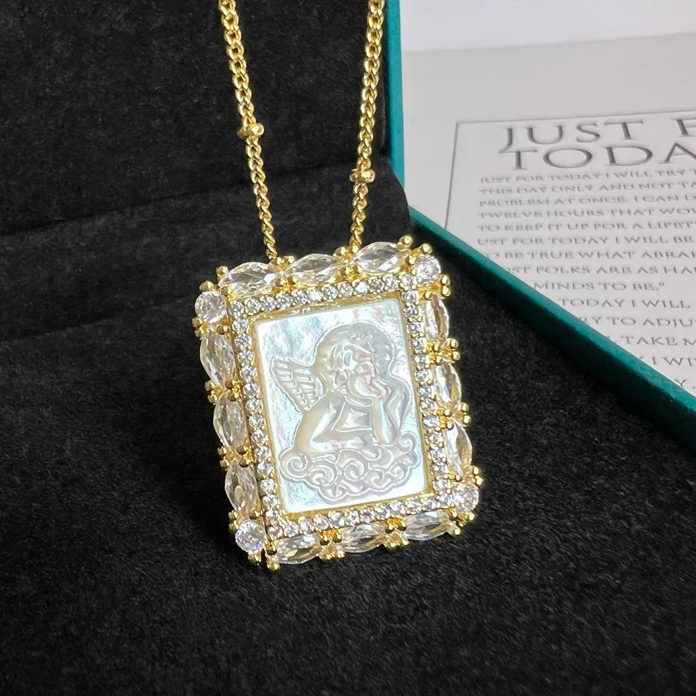 Natural Mother Pearl Shell Virgin Mary Guadalupe San Benito Charm Necklace Rectangle Religious Medals Necklace for Women & Gift