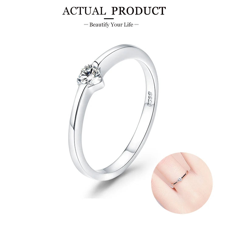 WOSTU European 925 Sterling Silver Simple Rings For Women Wedding Engagement Heart Rings With Zircon Original Female Jewelry