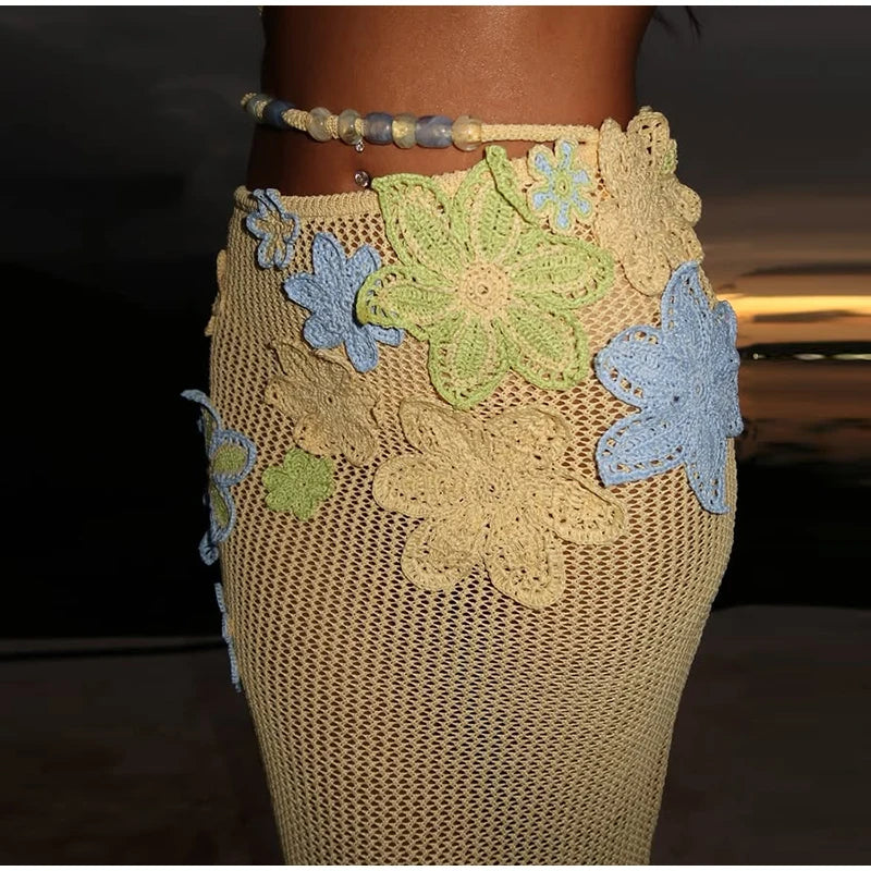 Sexy Beach Women's Set Beading Flower Crochet Crop Top Slim Maxi Skirt Female Suit 2025 Summer Hollow Out Knit Lady Dress Sets