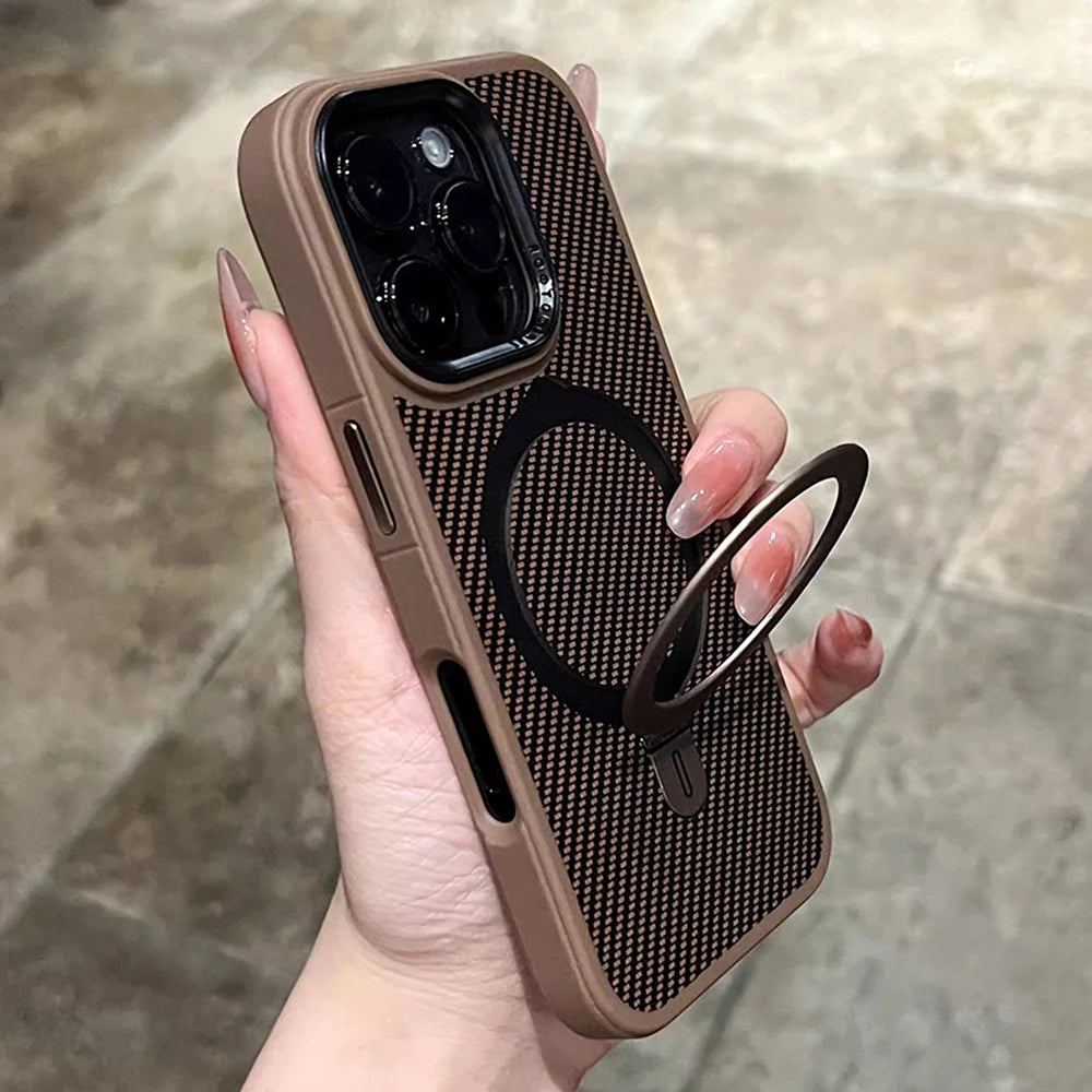 Desert Gold metal holder carbon fiber magnetic phone case for iPhone 17 16 15 14 13 Pro Max magsafe charging hard back cover