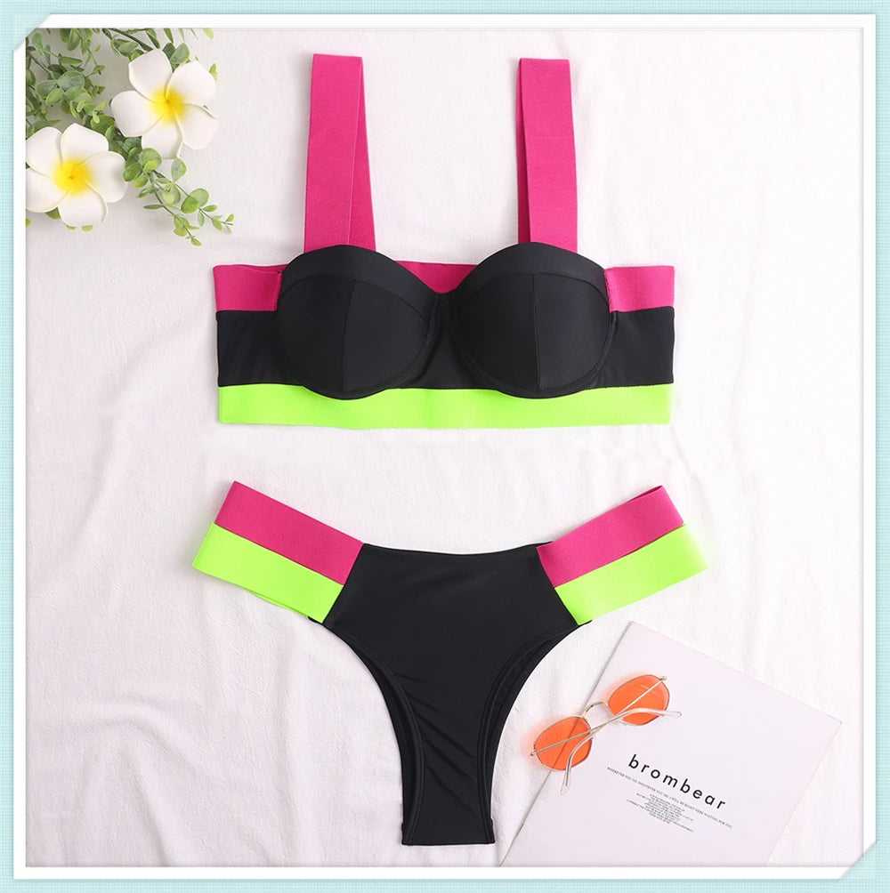 Solid Bandage Bikini Women Push Up Swimsuit Sexy Swimwear Female Brazilian Bathing Swimming Suit Bather Splicing Color Beachwear