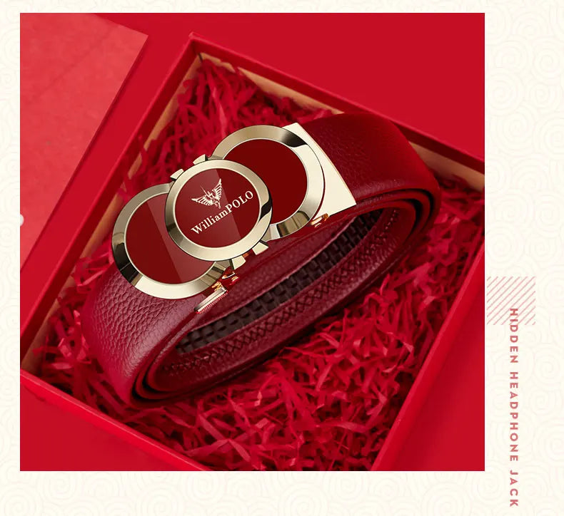 Genuine leather Chinese style men's belt, red belt, automatic buckle, personalized belt