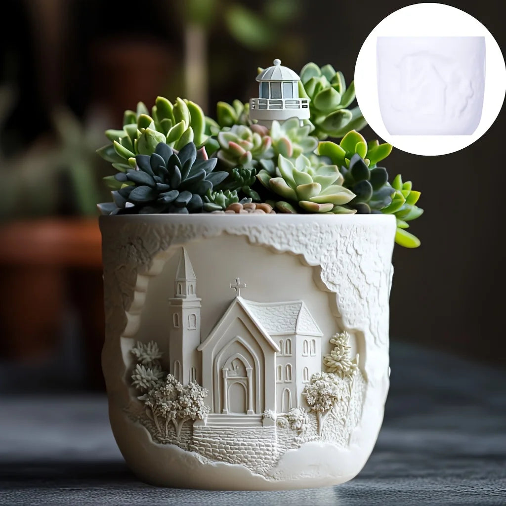 Windmill Town Succulent Plant Pot Silicone Mold  Windmill Town House Relief  Flower Pot Resin Mold Dream house storage box molds