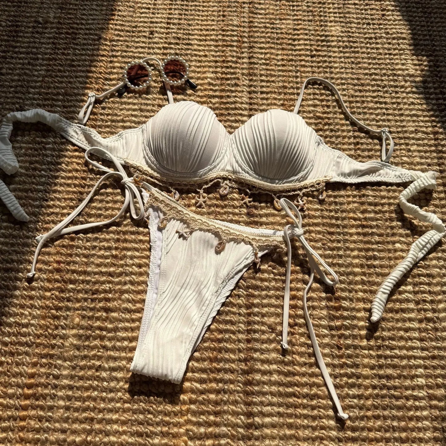 Sexy Shell Starfish Ornament Bikinis Sets Women White Ruffles Push Up Underwire Thong Swimsuit 2025 Beach Bathing Suit Swimwear