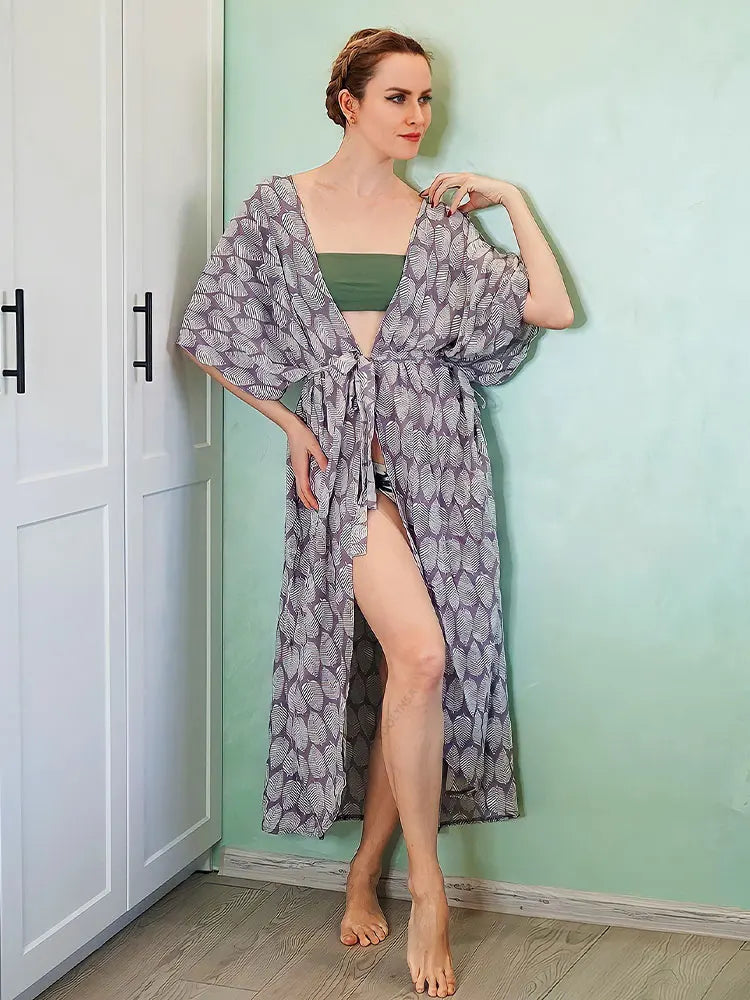 2023 Bikini Cover-ups Black Retro Striped Self Belted Women Summer Clothing Kimono Dress Beach Wear Swim Suit Cover Up Q1225