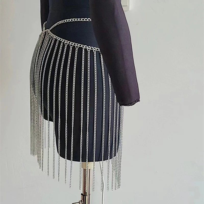 Women's Y2K Summer Mini Skirt with Metal Sequins Glitter Rhinestone Tassel Waist Chain for Festival Rave Nightclub