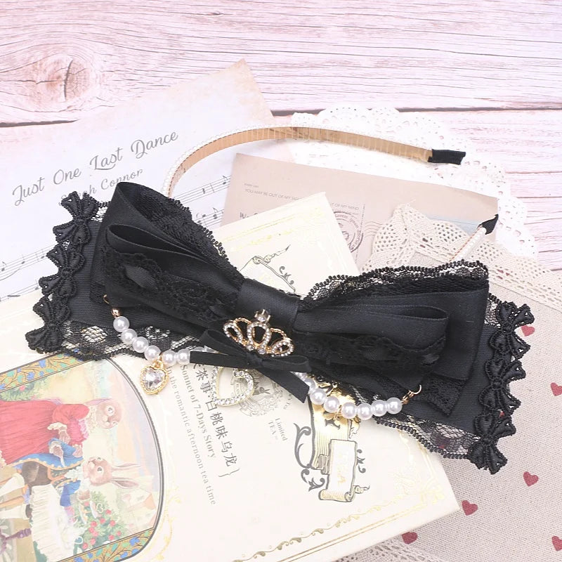 Japanese Luxury Lolita Hairband Headdress Handmade Big Bow Lace Crown Rhinestone Beaded Hair Accessories Hair Hoop for Women