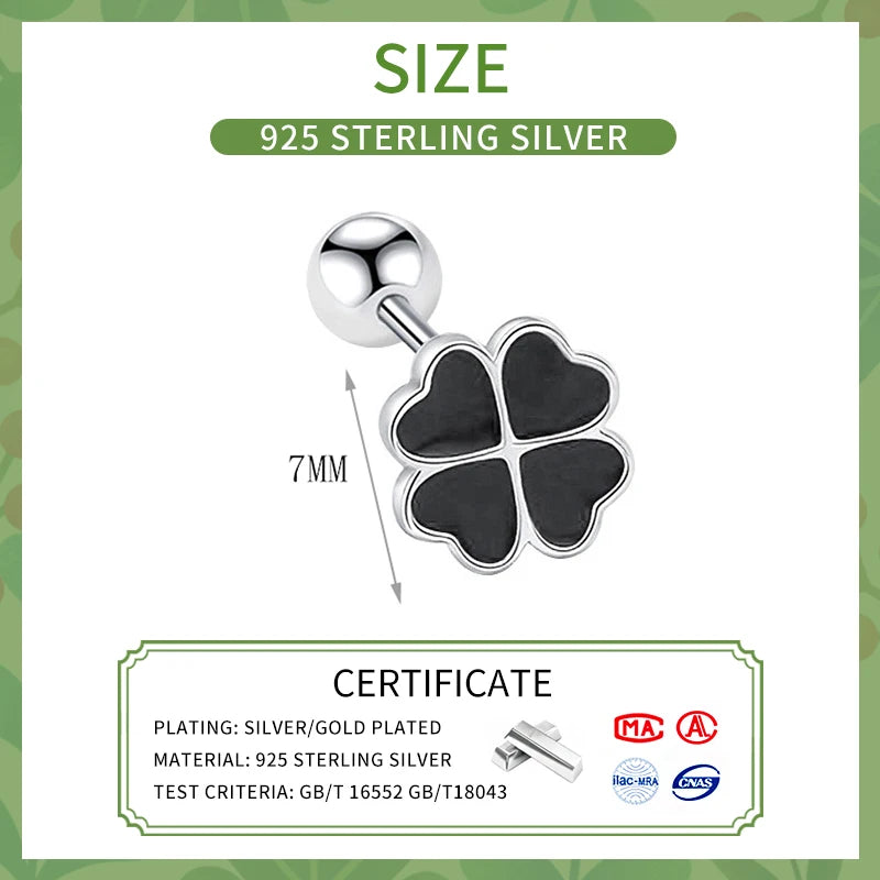 One Piece 925 Silver Cute Black Heart Clover Plant Stud Earrings for Fashion Women Fine Jewelry Minimalist Accessories