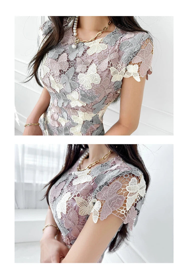 H Han Queen Summer Elegant Chic Lace Dresses Women Korean Retro Vestidos Fashion Color Blocking Office Party Casual Dress