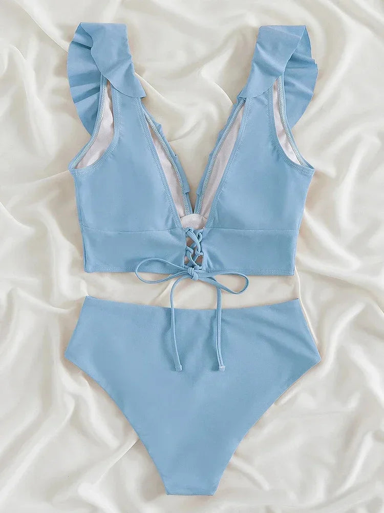Riseado High Waist Bikinis Set Ruffle Shoulder Sexy Plunging Swimwear Women Bathing Suit Summer Beachwear