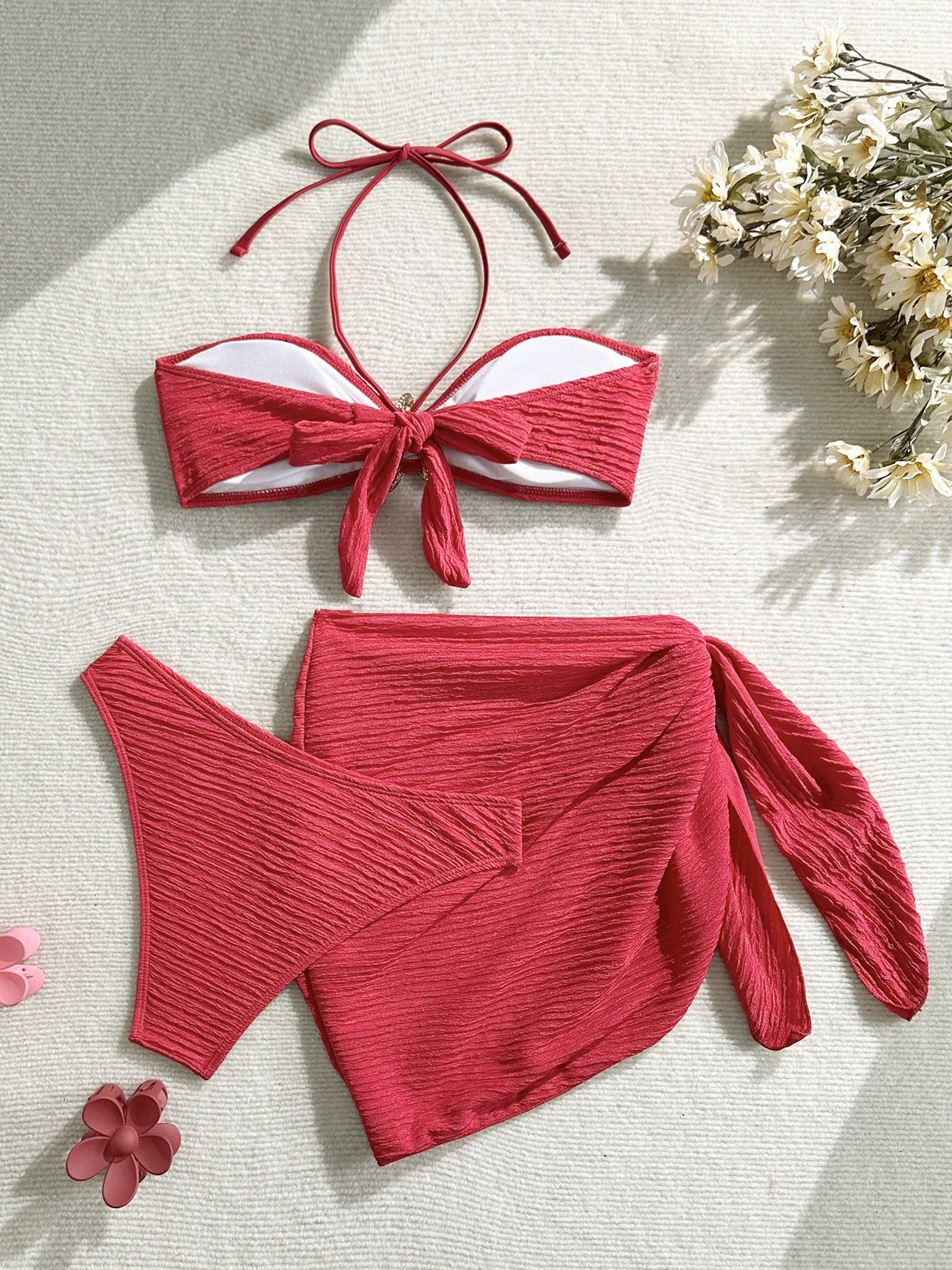 Sexy Metal Starfish Bikinis Set Women Brown Bandeau Push Up Mesh Skirt 3 Piece Swimsuit 2025 Beach Bathing Suit Holiday Swimwear