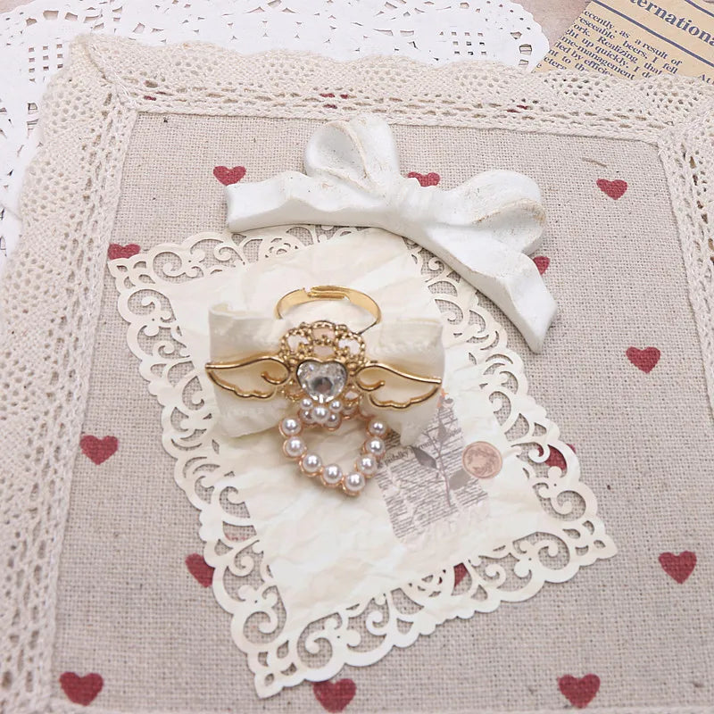 Unique Handmade Women's Rings Lolita Gothic Accessories Sweet Cute Wings Bow with Heart Pendant Jirai Ring for Y2K Girl