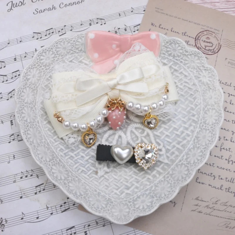 Larme Kei Lace Hair Clips Sweet Girl's Beaded Bow Heart Rhinestone Hair Bows Lolita Strawberry Hair Accessories Gift