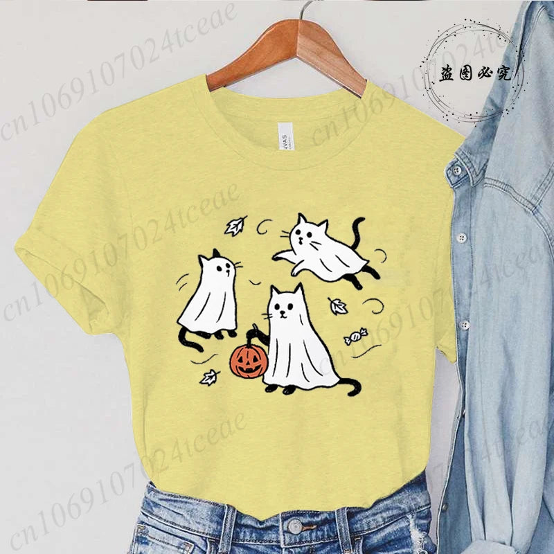 New Fashion Ghost Cat T-Shirt Tops Womens Vintage T-Shirt Funny Spooky Halloween Classic T-Shirt Tops Women's Tees Streetwear