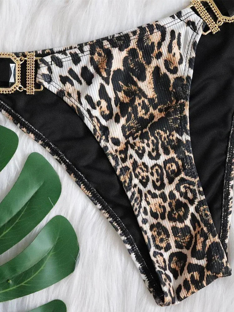 Ribbed Leopard Bikinis Diamond Bikini 2025 Women Swimwear Female Swimsuit Two-pieces Bikini Set Halter Bathing Suit Swim Lady