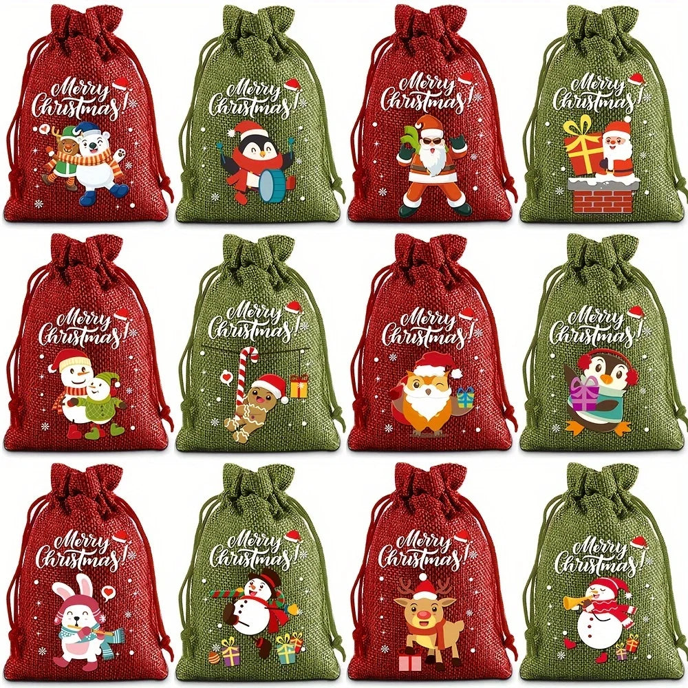 12 Pieces Christmas Gift Bags with Drawstring Christmas Linen Bags for Advent Calendar Fabric Bag Cookie Candy Pouch