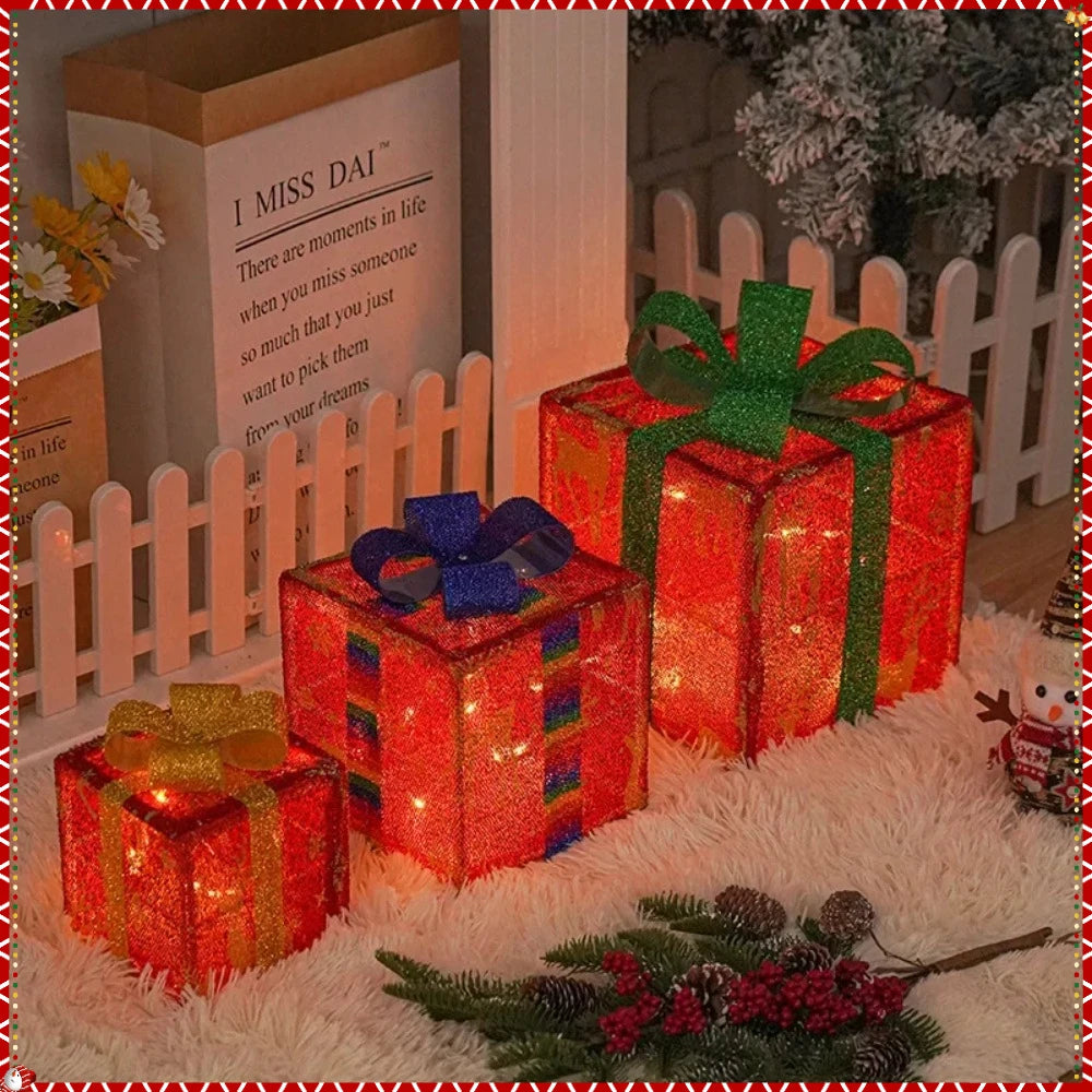 2025 Christmas Gift Box with LED Light String Warm Light Colored Light 3pcs Gift Box Christmas DIY Props Decoration Gift Boxs